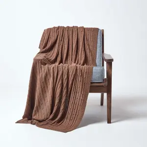 Homescapes Cotton Cable Knit Throw, Chocolate, 150 x 200 cm