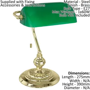 Table Lamp Colour Brass Shade Green Glass Painted Pull Switch Bulb E27 1x60W