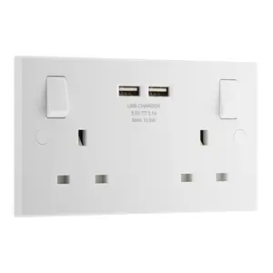 BG White Double 13A Raised square Switched Screwed Socket with USB, x2 & White inserts