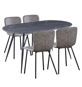 Hallowood Furniture Cullompton Large Oval Table (1.6m) with 4 Light Grey Leather Effect Chairs