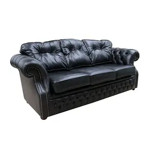 Chesterfield 3 Seater Old English Black Real Leather Sofa Bespoke In Era Style