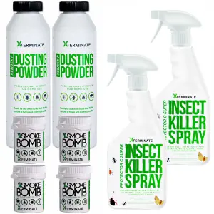 Xterminate Insect Killer Treatment Kit 2 To 3 Room, Insect killer spray 2 x 1L, 4x Fumers, 2 x Dusting Powder 400g