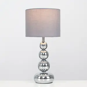 ValueLights Marissa Pair of Chrome Stacked Balls Table Lamps with Grey Faux Silk Shades