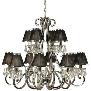 Esher Ceiling Pendant Chandelier Nickel Crystal & Black Shades 12 Lamp Light