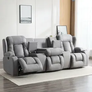 Caesar 3 Seater Grey Technology Fabric Modern Manual Recliner Sofa W Drinks Console