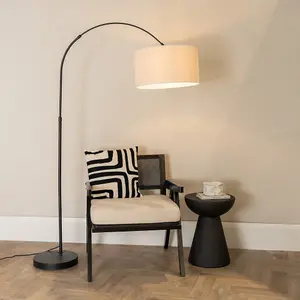 ValueLights Louis Black Metal Arched Floor Lamp with Linen White Trim Drum Shade and LED Bulb