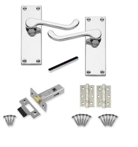 5 Set of Victorian Scroll Latch Door Handles Polished Chrome with Pair of 3" Ball Bearing Hinges & Latches Pack Sets 120 x 40mm