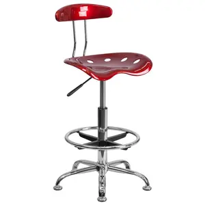 Vibrant Chrome Drafting Stool with Tractor Seat Wine Red