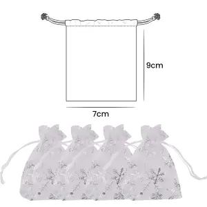 Neel Blue Christmas Gift Bag White Snowflakes Glitter Organza Bag, 7x9cm - Pack of 100