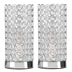 ValueLights Ducy Pair of Modern Polished Chrome and Clear K9 Crystal Jewel Cylinder Touch Table Lamps