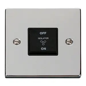 Polished Chrome 10A 3 Pole Fan Isolation Switch - Black Trim - SE Home