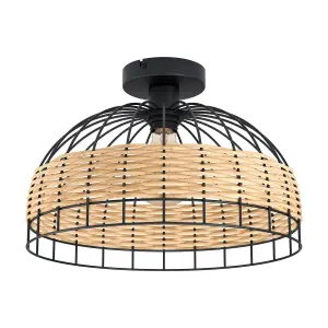 Semi Flush Ceiling Light Black & Wicker Round Shade 1 x 60W E27 Bulb Feature