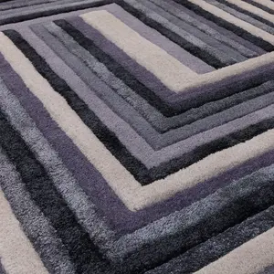 Indigo Striped Wool Handmade Luxurious Modern Abstract Optical/ (3D) Rug Easy to clean Living Room and Bedroom-200cm X 290cm