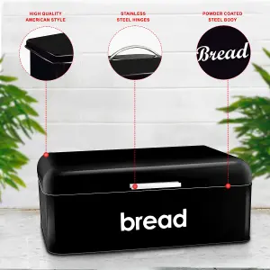 Retro Bread Bin Curved & Rectangle Kitchen Loaf Storage in Black