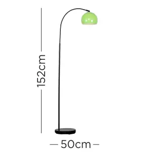 ValueLights Style Black Curved Stem Floor Lamp With Gloss Green Arco Style Metal Dome Light Shade With LED GLS Bulb in Warm White