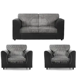 Luxor Jumbo Cord 2 + 1 + 1 Fabric 3 Piece Sofa Suite - Fullback Black and Grey