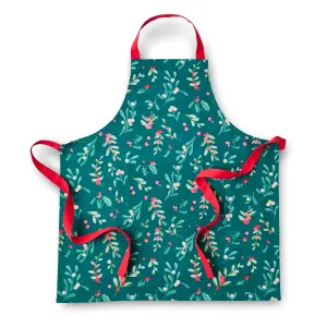 Catherine Lansfield Christmas Holly and Mistletoe Cotton 70x80 cm Kitchen Adult Apron Green