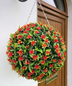 Best Artificial 38cm Orange Lily Hanging Basket Flower Topiary Ball - Suitable for Outdoor Use - Weather & Fade Resistant