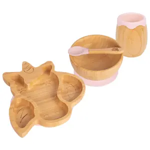 Tiny Dining 4pc Unicorn Bamboo Suction Baby Feeding Set - Pastel Pink