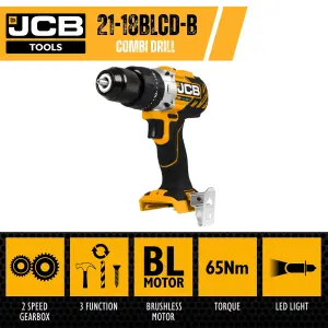 JCB 18BLCD-B 18V Brushless Combi Hammer Drill Metal Chuck 2 Speed Bare + Inlay