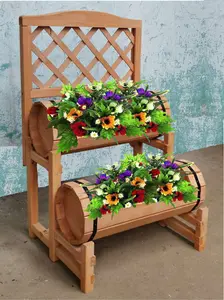 2 Tier Wood Barrel Planter with Trellis - Natural