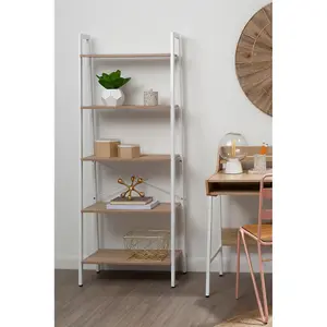 Interiors By Premier Five Tier Natural Oak Veneer Ladder Shelf Unit, Functional Industrial Narrow Shelf, Versatile Tall Cupboard