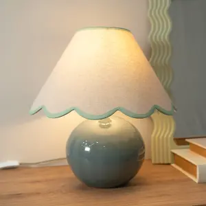 ValueLights Bosco Eucalyptus Ceramic Table Lamp with Green Trim Scallop Shade - LED Bulb Included