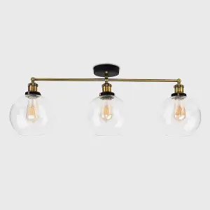 ValueLights Sheridan 3 Way Black & Gold Ceiling Light Fitting with Clear Glass Globe Shades - LED Filament Bulbs In Warm White