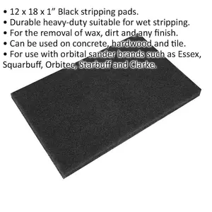 5 PACK Heavy Duty Black Stripping Pads - 12 x 18 x 1" - Removal of Wax & Dirt