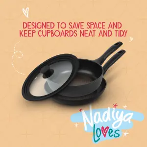 Prestige Nadiya Black Round Aluminium Non-Stick Frying Pan Set with Multi Size Lid 24 & 26cm Twin Pack