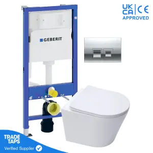 White Wall Hung Toilet Pan with Geberit Concealed Cistern Frame 112cm & Delta35 Gloss Chrome Flush Plate