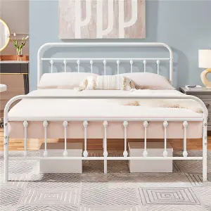 Yaheetech White 5ft King Vintage Metal Bed Frame with High Headboard and Footboard