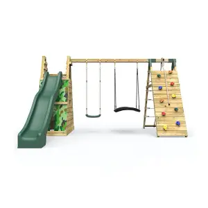 Rebo Wooden Pyramid Climbing Frame with Swings and 8.7ft Water Slide - Rainbow