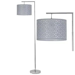 First Choice Lighting Chrome Angled Floor Lamp with Grey Laser Cut Shade