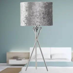 First Choice Lighting Chrome Tripod Table Lamp with Grey Crushed Velvet Shade