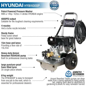 Hyundai 4000psi 420cc 15L/min Petrol Pressure Washer HYW4000P