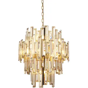 Hanging Ceiling Pendant Light - Gold Effect Plate & Champagne Crystal - 12 X 6W LED E14