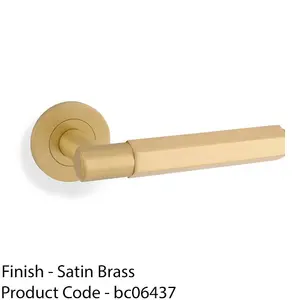 SOLID BRASS Hex Door Handle Set - Satin Brass Industrial Lever Round Rose