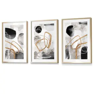 Abstract Black Grey & Gold Shapes Set of 3 Prints Wall Art / 42x59cm (A2) / Gold Frame