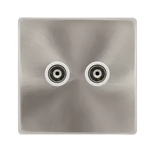 Brushed Steel Screwless Plate Twin Isolated Coaxial Socket - White Trim - SE Home