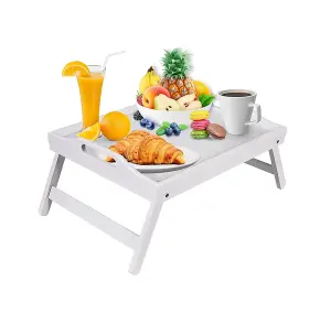 HSH B&Q Bamboo Bed Tray Table With Handles & Foldable Legs, Multipurpose Lap Tray, White