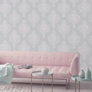 Grandeco Adalyn Blush grey Mica effect Damask Embossed Wallpaper Sample