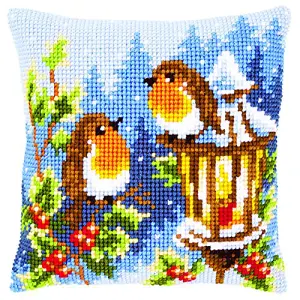 CUSHION ROBINS - Cross Stitch Kit: Cushion: Robins at the Lantern - Vervaco