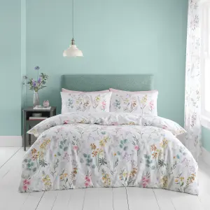 Catherine Lansfield Bedding Emilia Floral Reversible Double Duvet Cover Set with Pillowcases White Green