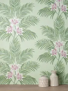 Fine Decor Bali Tropical Floral Sage Wallpaper FD43278