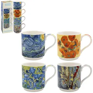 Stacking Mugs 4 Set Van Gogh Flowers Floral Mug Vintage Cups Stackable Assorted