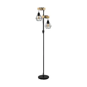 EGLO Townshend 5 Black/Natural Metal & Wood 2-Light Floor Lamp - Industrial Style (D) 25cm