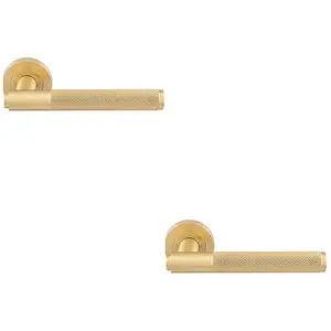 2 PACK - Luxury Knurled Door Handle Set - Satin Brass Angled Lever on Round Rose