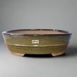 26cm Glazed Bonsai Pot - Oval - 26cm x 20cm x 8cm - Green