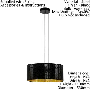 Pendant Ceiling Light Colour Black Shade Black Gold Fabric With Cut Outs Bulb E27 3x40W